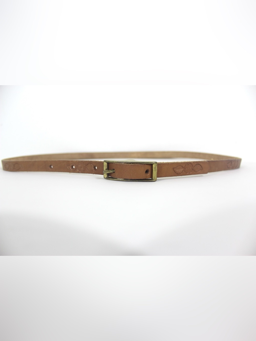 Super Skinny Floral Embossed Tan Leather Belt with Gold Metal Buckle